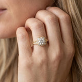 Yellow gold Round Diamond Milgrain Halo Engagement Ring with Chevron Band and Prong Setting_8