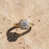 Yellow gold Round Diamond Milgrain Halo Engagement Ring with Chevron Band and Prong Setting_9