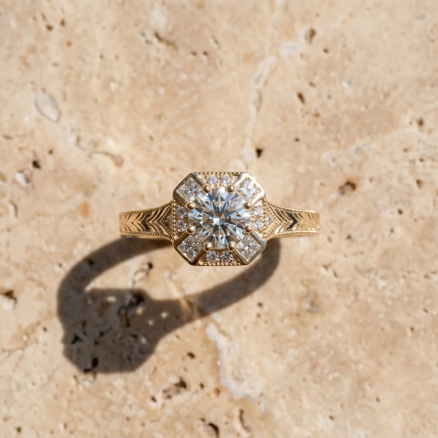Yellow gold Round Diamond Milgrain Halo Engagement Ring with Chevron Band and Prong Setting