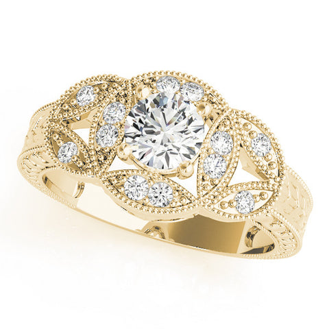 Yellow gold Round Diamond Milgrain Marquise Filigree Engagement Ring with Prong Setting 2