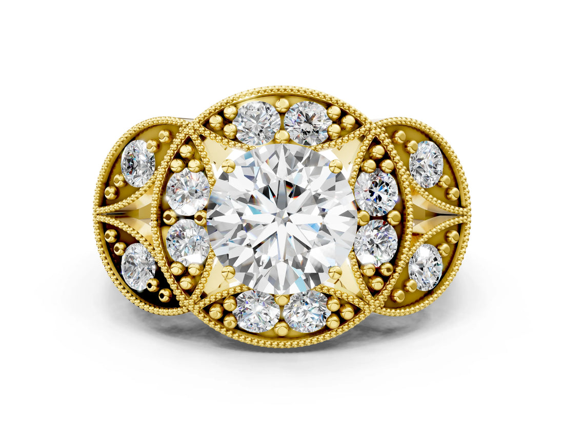 Yellow gold Round Diamond Milgrain Marquise Filigree Engagement Ring with Prong Setting_6