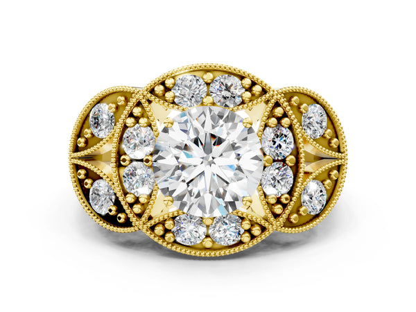 Yellow Gold Round Vintage Halo Engagement Ring Setting with Milgrain Leaf Panels and Carved Band