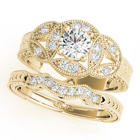 Yellow gold Round Diamond Milgrain Marquise Filigree Engagement Ring with Prong Setting