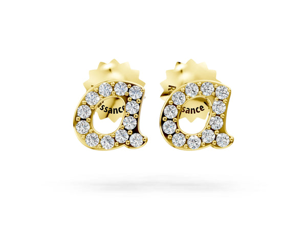 Yellow gold Round Diamond Initial A Stud Earrings