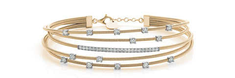 Yellow gold Round Diamond Multi-Strand Coil Bracelet with Bar and Prong Setting