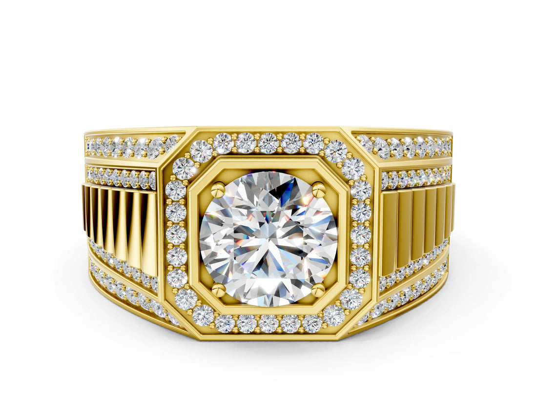 Yellow gold Round Diamond Octagonal Halo Mens Ring with Pavé Accents