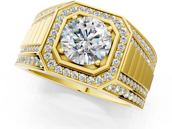 Yellow gold Round Diamond Octagonal Halo Mens Ring with Pavé Accents