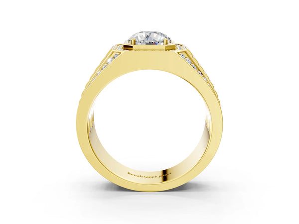 Yellow gold Round Diamond Octagonal Halo Mens Ring with Pavé Accents