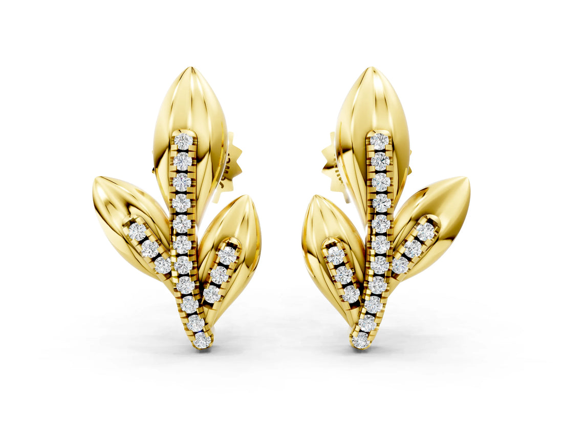 Yellow gold Round Diamond Olive Branch Stud Earrings_8