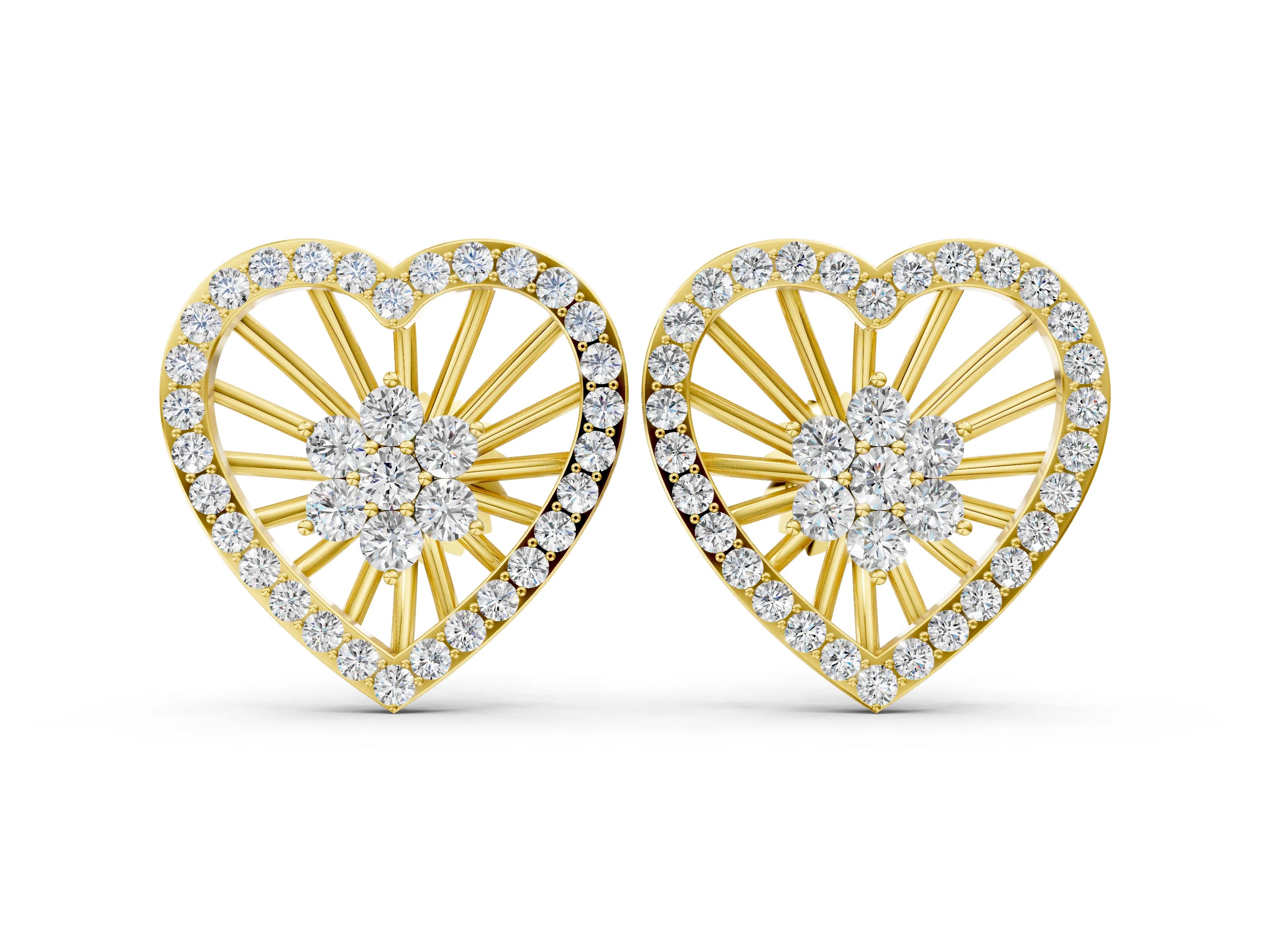 Yellow gold Round Diamond Open Heart Cluster Stud Earrings