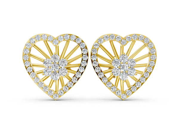 Yellow gold Round Diamond Open Heart Cluster Stud Earrings