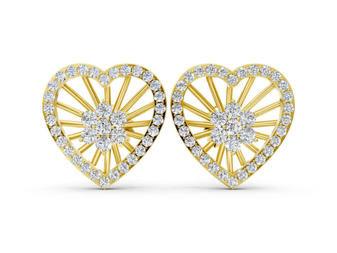 Yellow gold Round Diamond Open Heart Cluster Stud Earrings