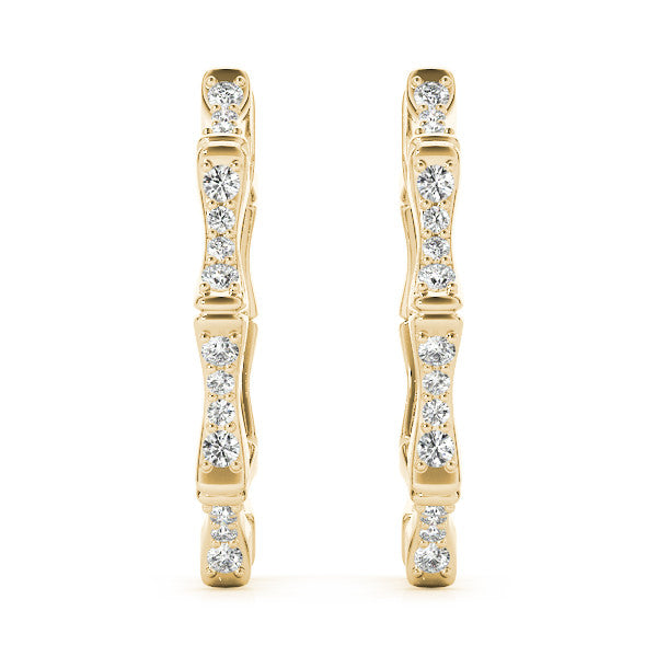 Yellow gold Round Diamond Pavé Bamboo Hoop Earrings with Four-Prong Setting