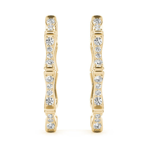 Yellow gold Round Diamond Pavé Bamboo Hoop Earrings with Four-Prong Setting 1