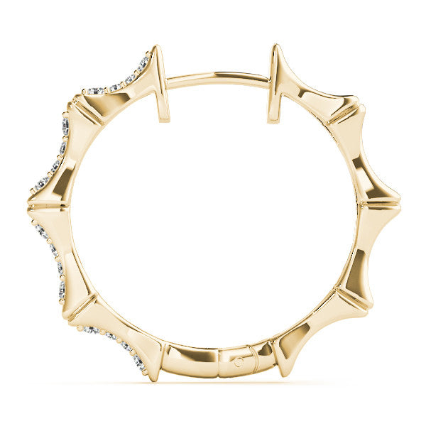 Yellow gold Round Diamond Pavé Bamboo Hoop Earrings with Four-Prong Setting