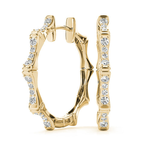 Yellow gold Round Diamond Pavé Bamboo Hoop Earrings with Four-Prong Setting