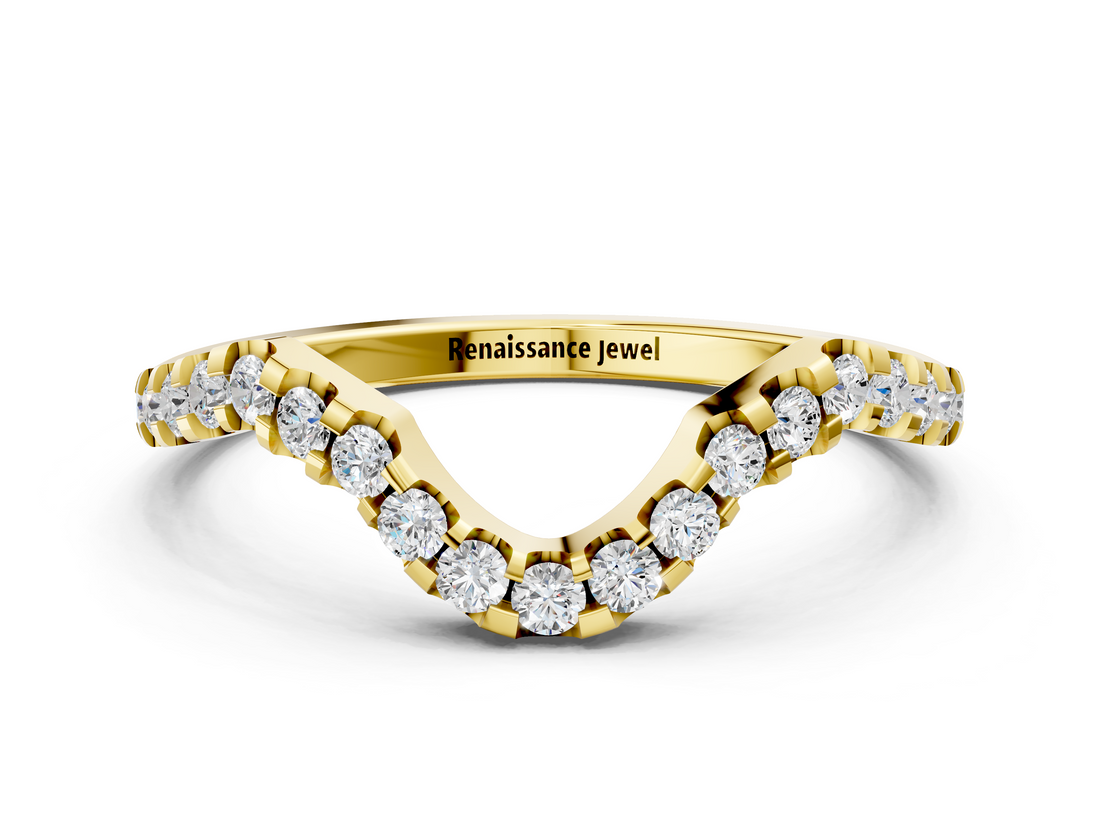 Yellow gold Round Diamond Pavé Chevron Wedding Band with Prong Setting_4