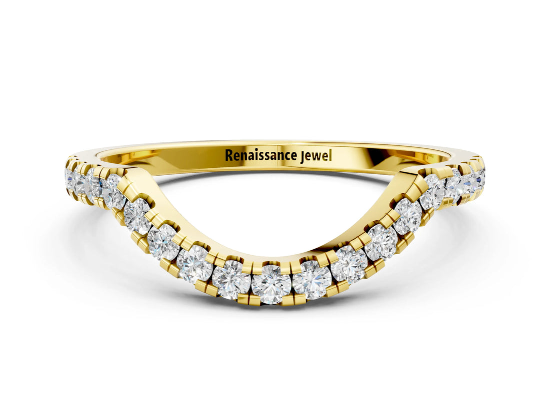 Yellow gold Round Diamond Pavé Curved Wedding Band with Shared Prong Setting