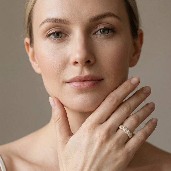Yellow gold Round Diamond Pavé Eternity Band with Shared Prong Setting