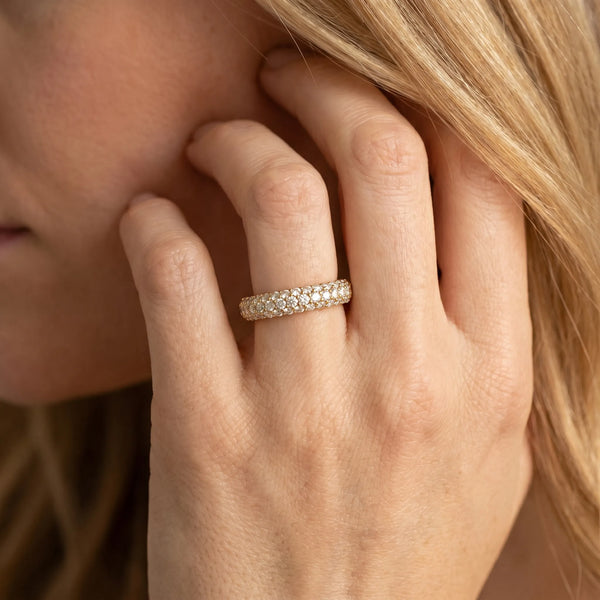 Yellow gold Round Diamond Pavé Eternity Band with Shared Prong Setting