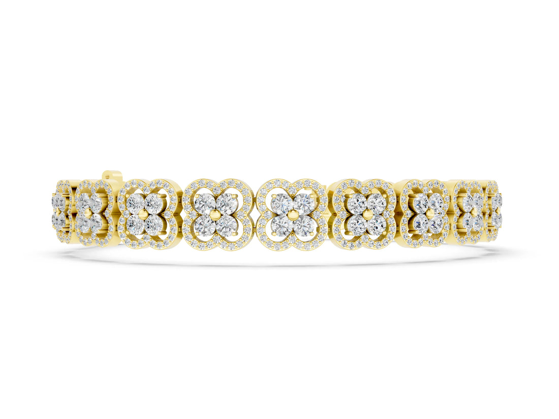 Yellow gold Round Diamond Pavé Flower Motif Tennis Bracelet with Four-Prong Setting_2