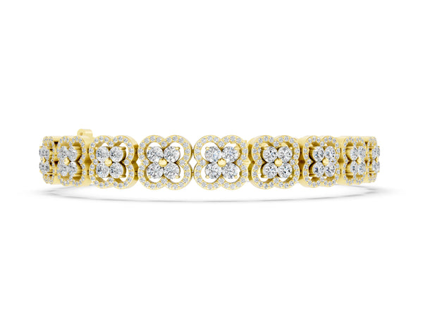 Yellow gold Round Diamond Pavé Flower Motif Tennis Bracelet with Four-Prong Setting
