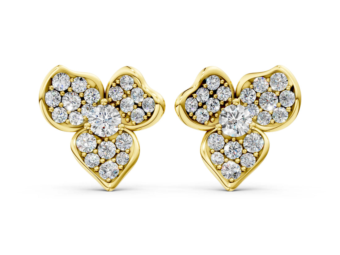 Yellow gold Round Diamond Pavé Flower Stud Earrings