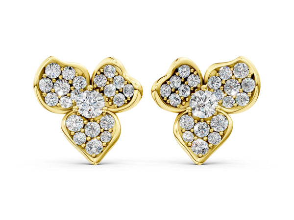 Yellow gold Round Diamond Pavé Flower Stud Earrings