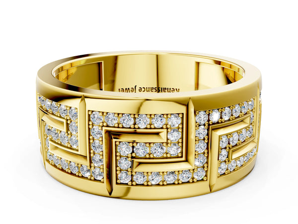 Yellow gold Round Diamond Pavé Greek Key Mens Band