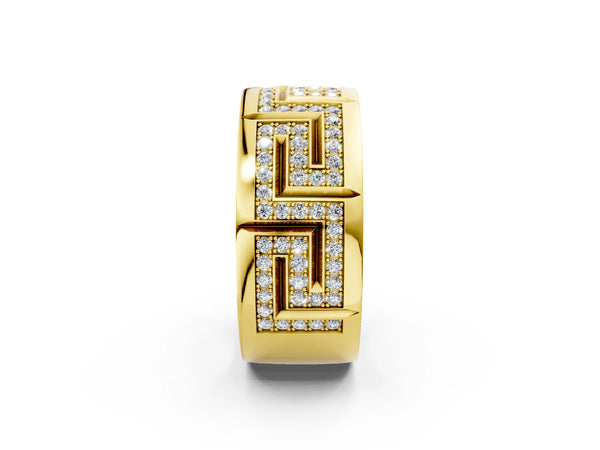 Yellow gold Round Diamond Pavé Greek Key Mens Band