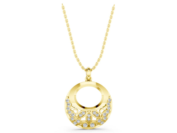 Yellow gold Round Diamond Pavé Leaf Filigree Pendant