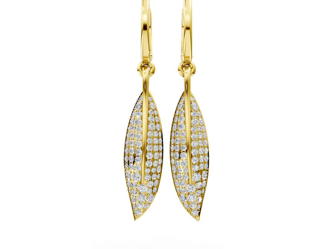 Yellow gold Round Diamond Pavé Leaf Huggie Drop Earrings_4