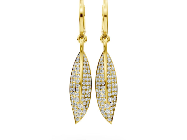 Yellow gold Round Diamond Pavé Leaf Huggie Drop Earrings