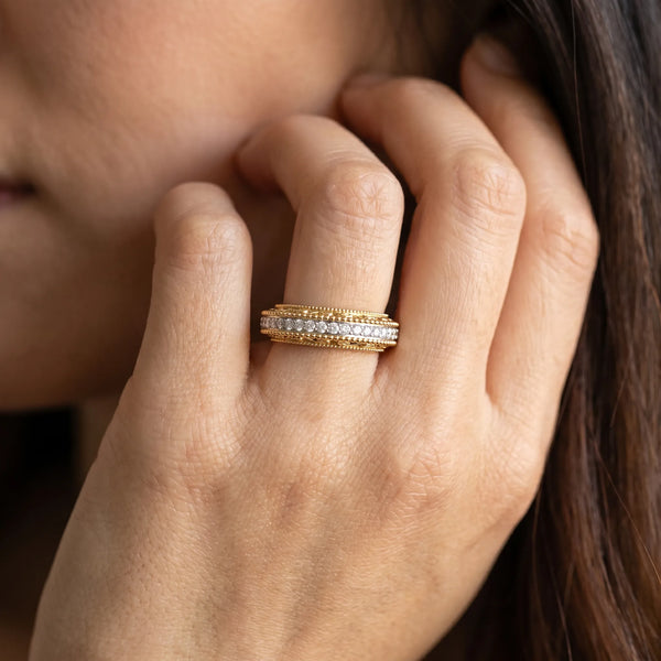 Yellow gold Round Diamond Pavé Milgrain White Gold Eternity Band