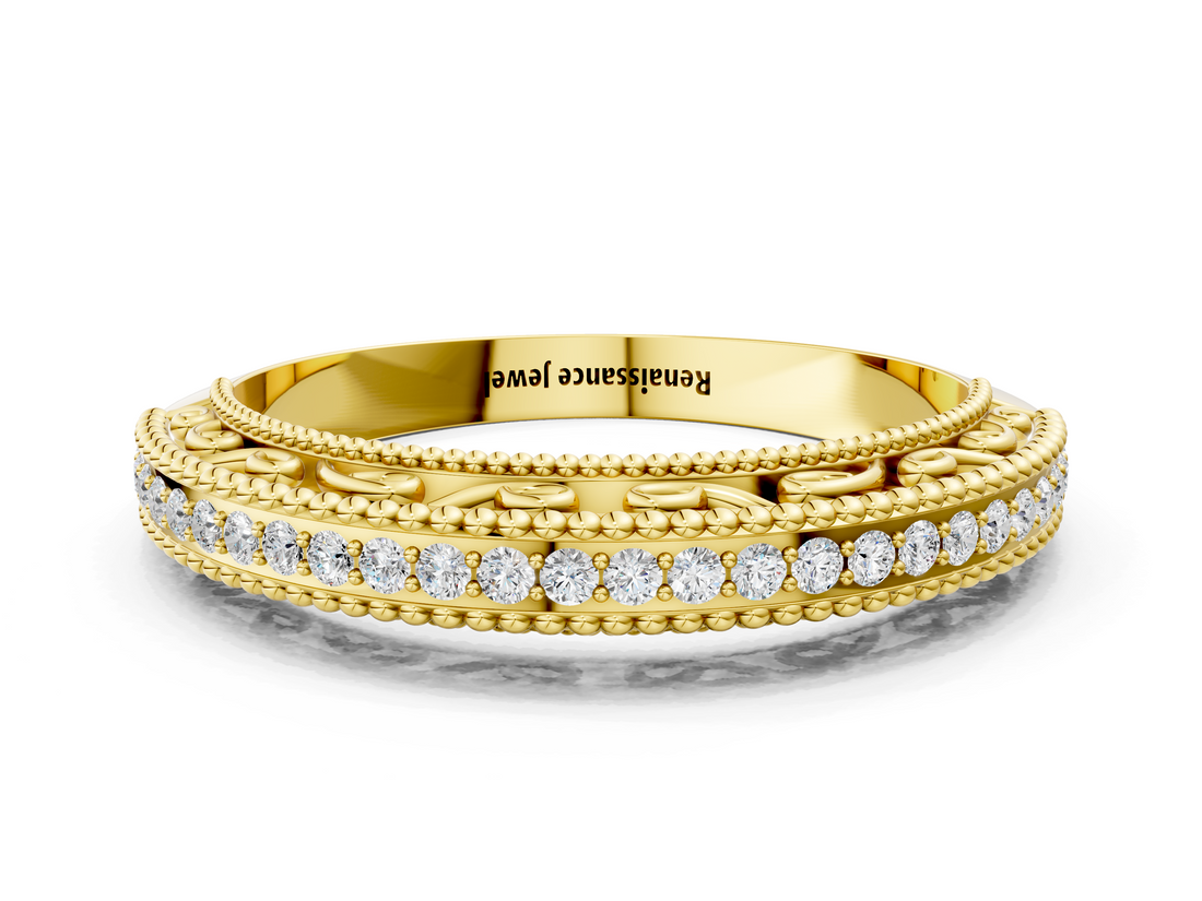 Yellow gold Round Diamond Pavé Milgrain White Gold Eternity Band_4