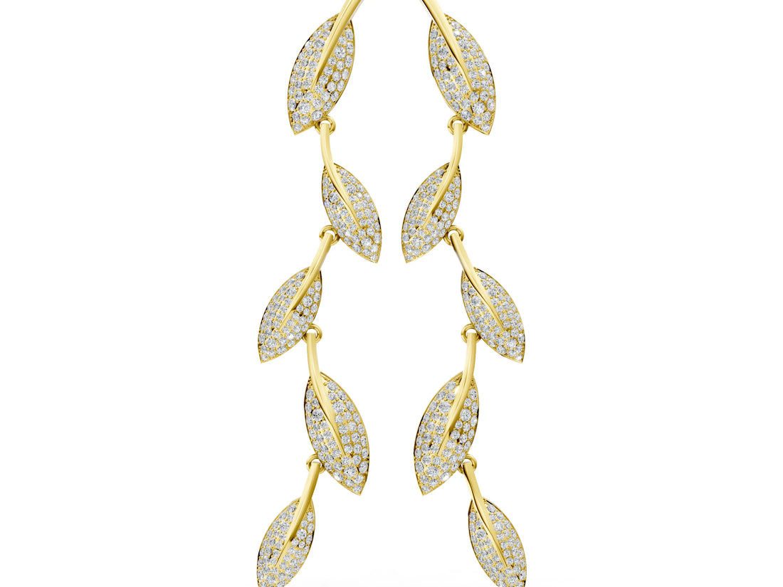 Yellow gold Round Diamond Pavé Olive Branch Drop Earrings