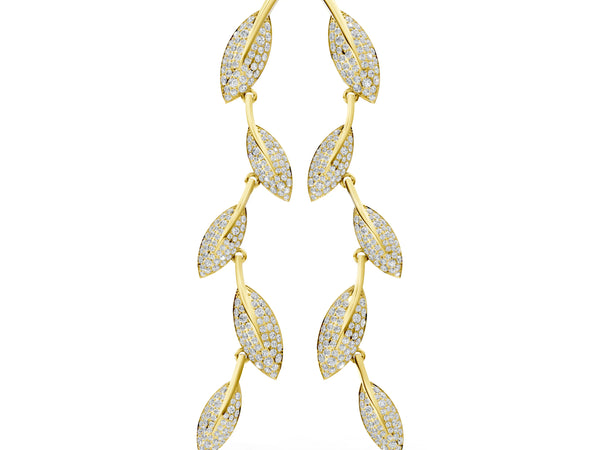 Yellow gold Round Diamond Pavé Olive Branch Drop Earrings