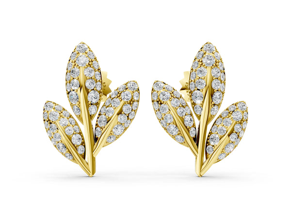 Yellow gold Round Diamond Pavé Olive Branch Stud Earrings