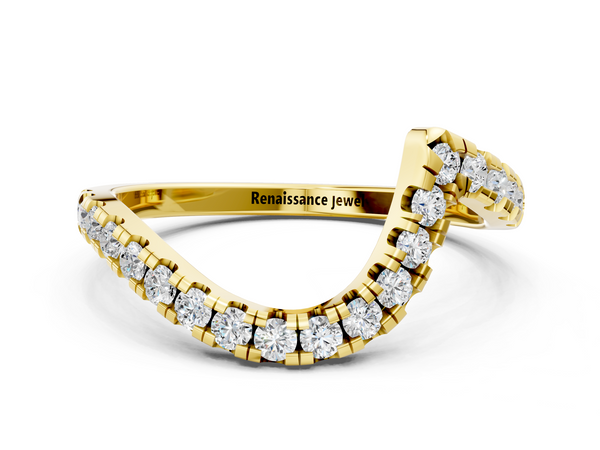 Yellow gold Round Diamond Pavé V-Shaped Contour Band with Shared Prong Setting