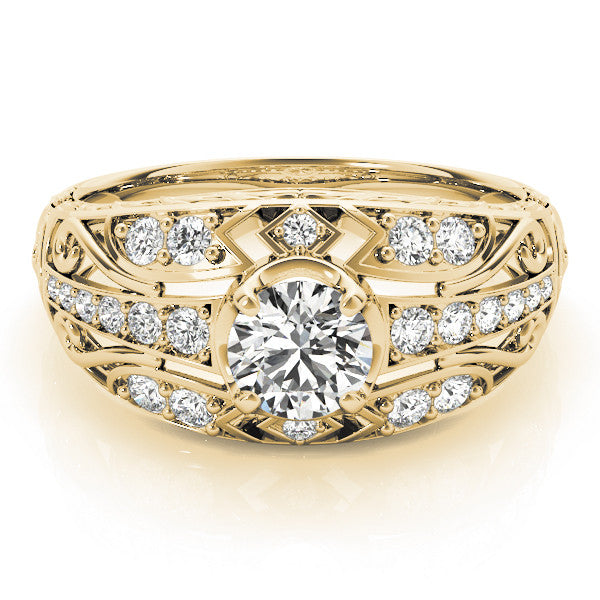 Yellow gold Round Diamond Pave Art Deco Split Shank Ring with Four-Prong Setting 1