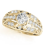 Yellow gold Round Diamond Pave Art Deco Split Shank Ring with Four-Prong Setting