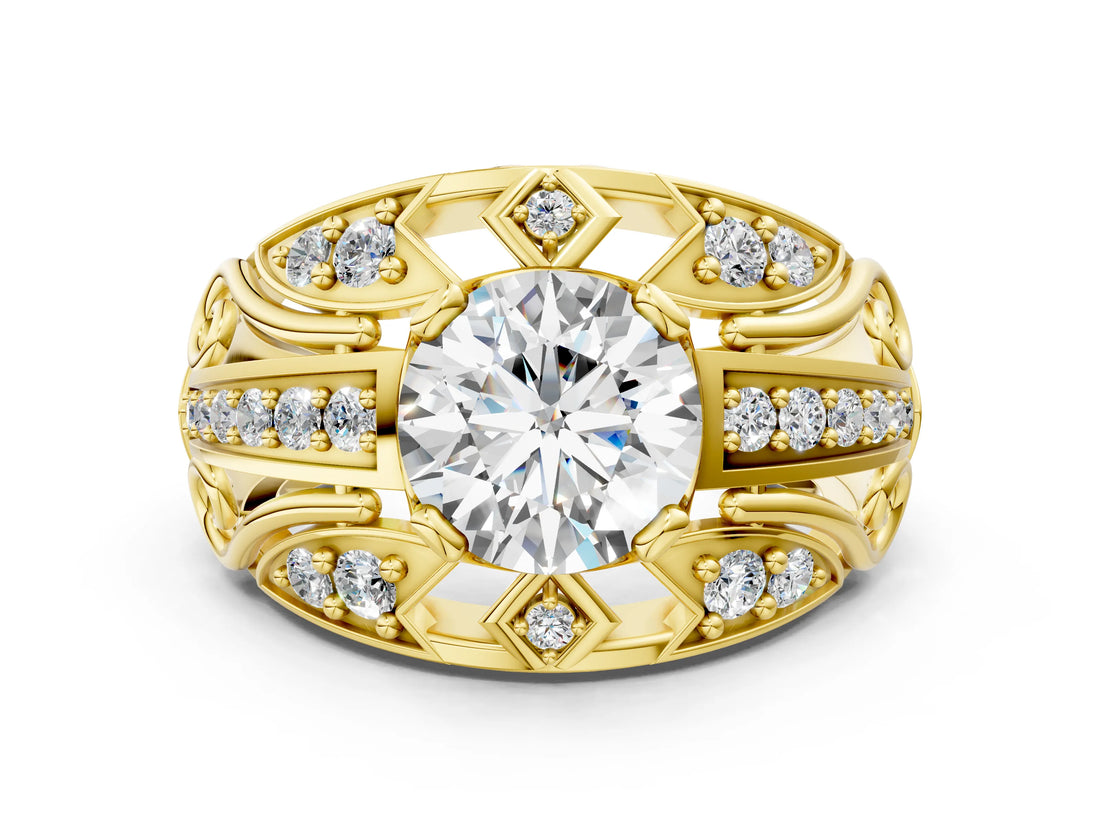 Yellow gold Round Diamond Pave Art Deco Split Shank Ring with Four-Prong Setting_18