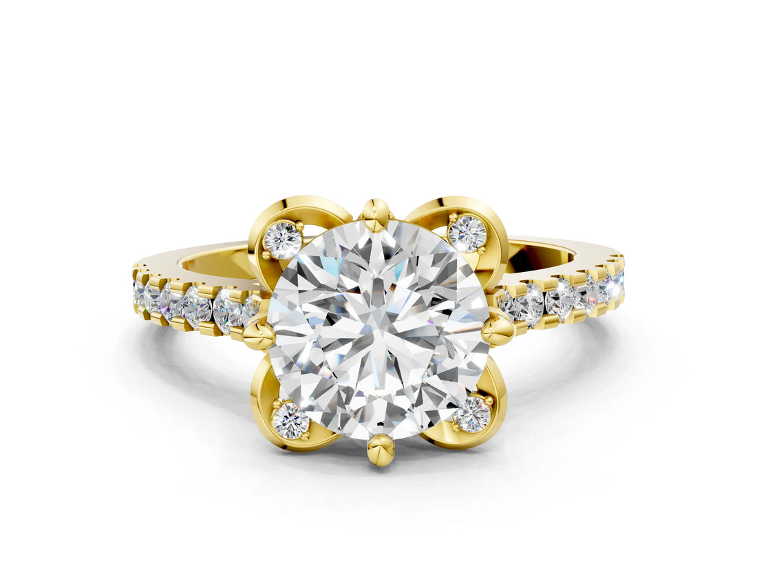 Yellow gold Round Diamond Pave Band with Floral Prong Setting_36