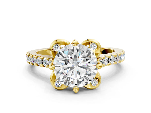 Yellow Gold Round Floral Petal Pave Engagement Ring Setting