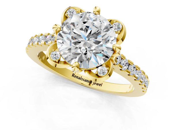 Yellow Gold Round Floral Petal Pave Engagement Ring Setting