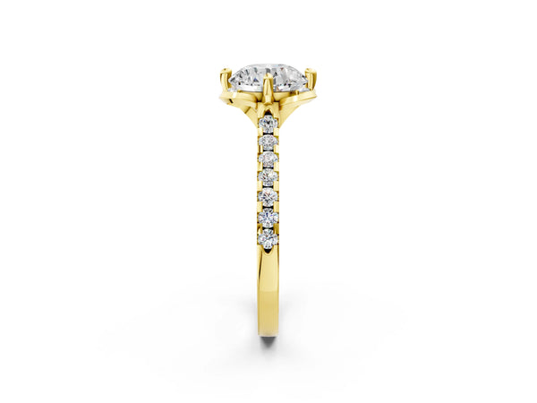 Yellow Gold Round Floral Petal Pave Engagement Ring Setting