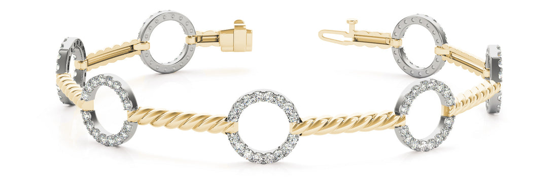 Yellow gold Round Diamond Pave Circle Link Bracelet with Twisted Rope Band