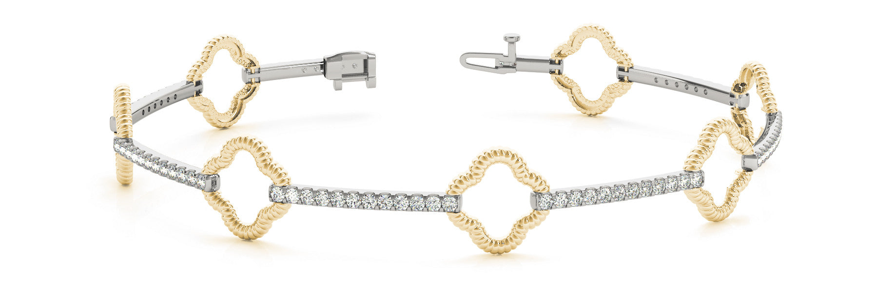 Yellow gold Round Diamond Pave Clover Link Bracelet with Rope Band and Four-Prong Setting