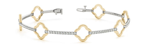 Yellow gold Round Diamond Pave Clover Link Bracelet with Rope Band and Four-Prong Setting