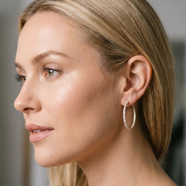 Yellow gold Round Diamond Pave Hoop Earrings with Channel Setting